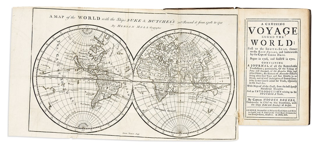 (TRAVEL.) Woodes Rogers. A Cruising Voyage Round the World... Begun in 1708, and Finish'd in 1711.: (TRAVEL.) Woodes Rogers. A Cruising Voyage Round the World... Begun in 1708, and Finish'd in 1711. 5 engraved folding maps by Herman Moll, Emanuel Bowen, and John Senex. 8vo, 8x5 inches, nineteenth-ce