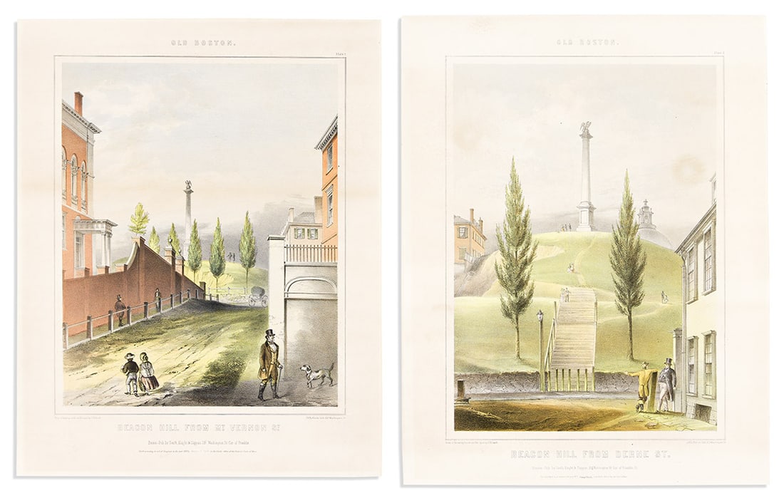 (BOSTON.) John Henry Bufford; after John Rubens Smith. Old Boston.: (BOSTON.) John Henry Bufford; after John Rubens Smith. Old Boston. Set of 5 chromolithographed views illustrating the excavation and remodeling of the city's topography at Beacon Hill in 1811. Approxi