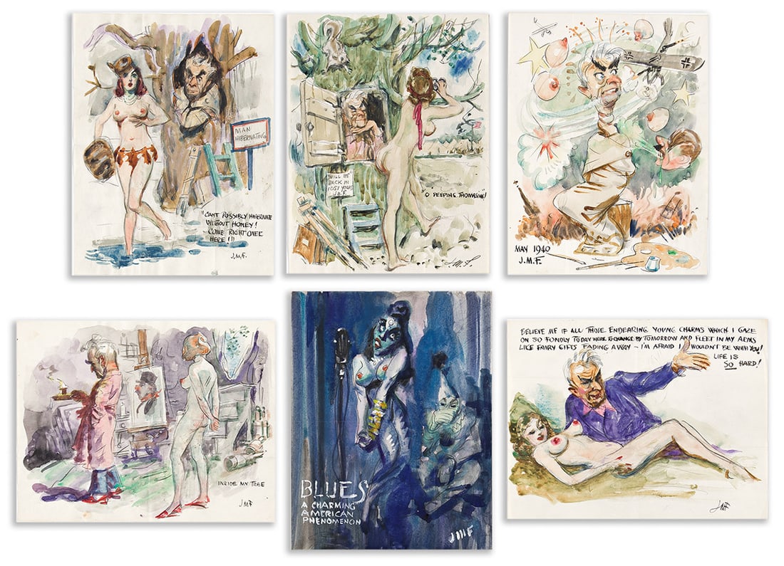 (CARTOONING.) James Montgomery Flagg. Group of 6 original sketches.: (CARTOONING.) James Montgomery Flagg. Group of 6 original sketches. Ink and watercolor on "Pyramid Bond" rag paper. Each monogrammed JMF and measuring 11x8½ inches sheet size; folds. Np, 1940s -