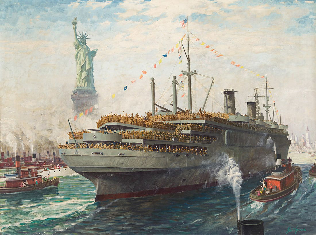 JOHN FORD CLYMER (1907-1989) "U.S. Troops' Triumphant Return to New York Harbor.": JOHN FORD CLYMER (1907-1989) "U.S. Troops' Triumphant Return to New York Harbor." Promotional illustration, presumably for an annual calendar, for National Life and Accident Insurance Company, Nashvil