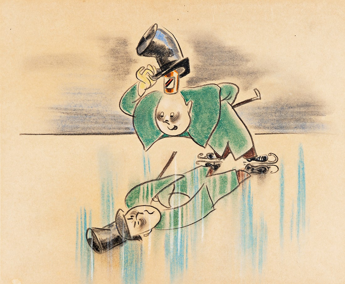 HARRY REEVES Reflection in ice.: HARRY REEVES Reflection in ice. Walt Disney Studios' storyboard sketch for an unknown animated film, c. 1940. Pastel on Disney 5 hole animation paper. 250x305 mm; 10x12 inches. Signed in lower left im