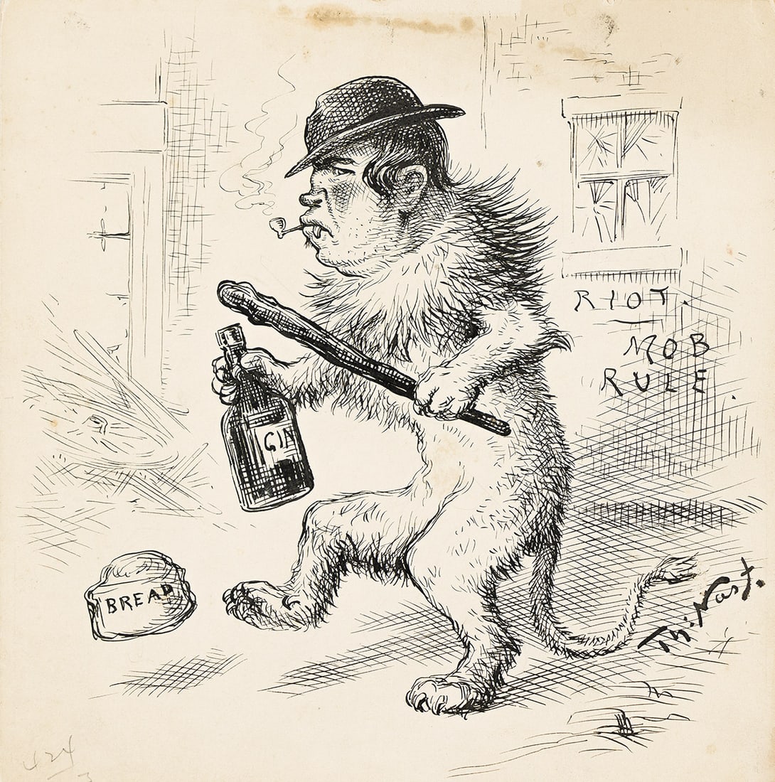 THOMAS NAST "That Noble Animal, the British Lion, Loose in London.": THOMAS NAST "That Noble Animal, the British Lion, Loose in London." Political cartoon, c. 1890. Pen and ink on board. 184x191 mm; 7¼x7½ inches. Signed "Th: Nast" in lower right image. Title