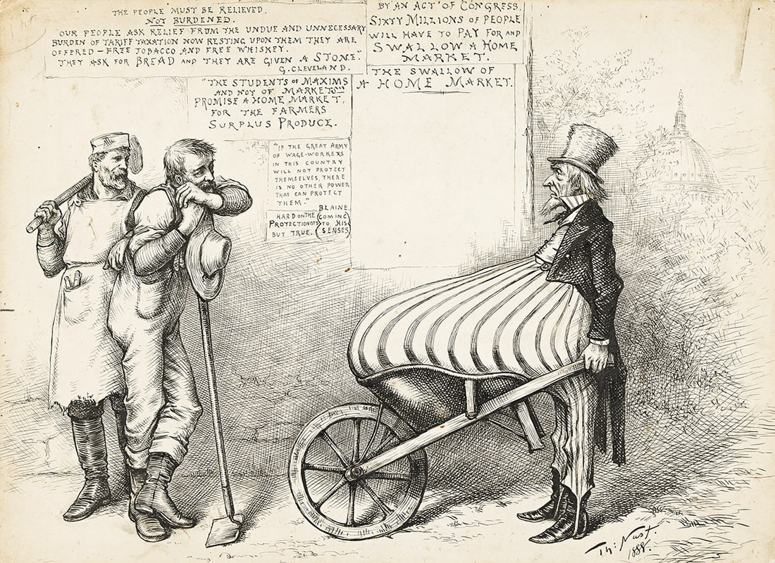 THOMAS NAST "The home market fallacy.": THOMAS NAST "The home market fallacy." Political cartoon, 1888. 546x394 mm; 21½x15½ inches. Pen and ink on board. Signed "Th: Nast" in lower right image. This large and detailed drawing focu