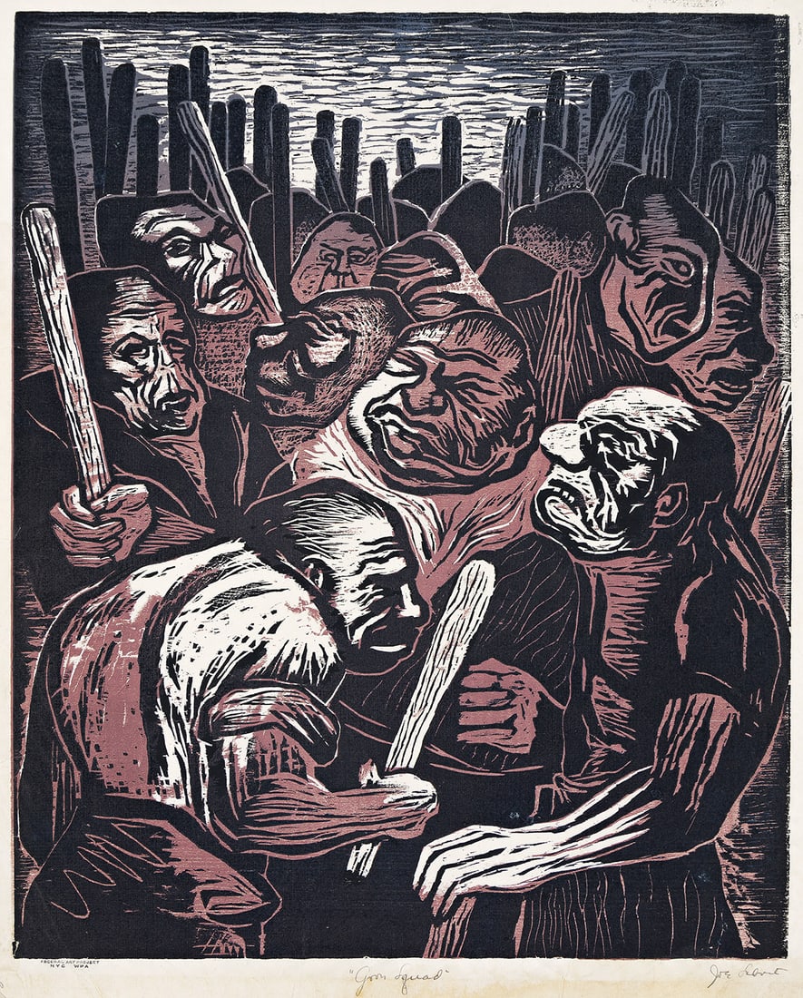 JOSEPH LEBOIT (1907-2002) Goon Squad.: Goon Squad. Color woodcut on thin wove paper, circa 1938. 463x375 mm; 18⅛x14¾ inches, wide margins. Signed and titled in pencil, lower margin. Published by the Federal Art Project, WPA, New