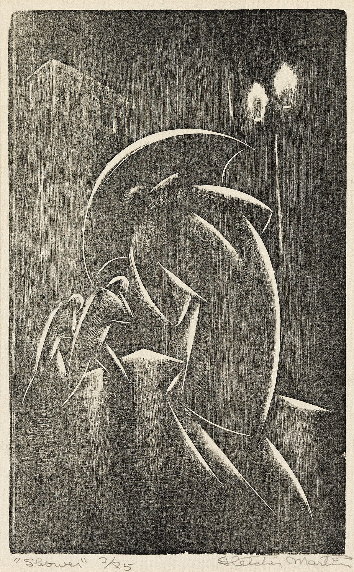 FLETCHER MARTIN (1904-1979) Shower.: Shower. Woodcut on Japanese paper, c. 1935. Signed, titled, and numbered in pencil at lower margin. 250x149 mm; 9⅞x5⅞ inches, plate. Full margins. Published by San Francisco Works Progress