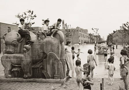 PETER SEKAER (1901-1950) Chicago, Jane Addams wading pool. Stone animals by WPA sculptors.: Chicago, Jane Addams wading pool. Stone animals by WPA sculptors. Silver ferrotyped print, the image measuring 171x244 mm; 6¾x9⅝ inches, the sheet slightly larger, with the typed United Sta