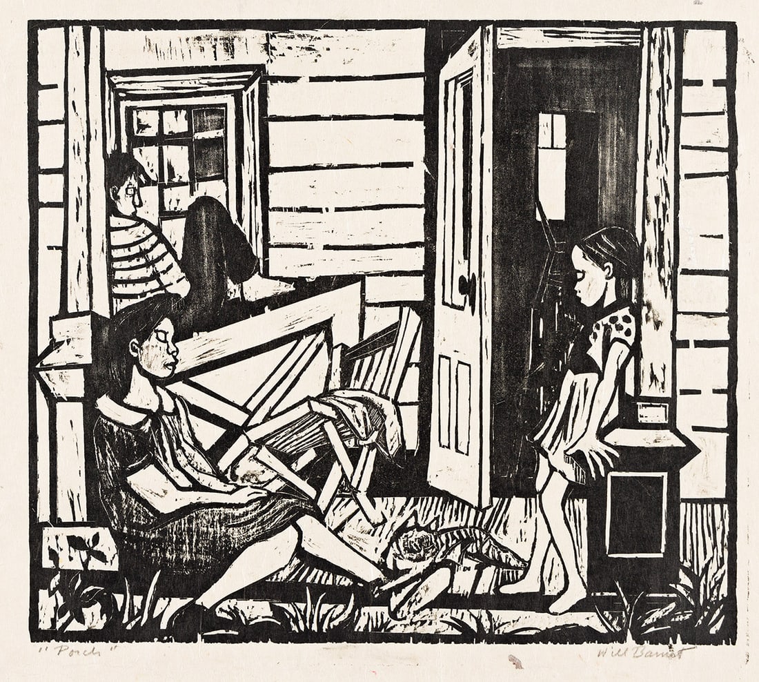 WILL BARNET (1911-2012) Porch.: Porch. Woodcut on Japan paper, 1937. 279x318 mm; 11x12½ inches, full margins. Edition of 15. Signed and titled in pencil, lower margin. An edition of 60, plus 18 proofs was published by Associate