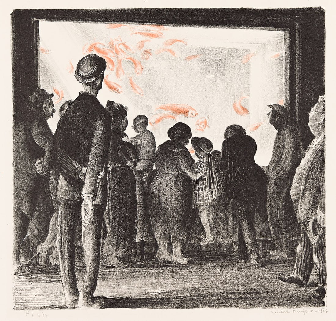 MABEL DWIGHT (1875-1955) Fish.: Fish. Color lithograph. 261x273 mm; 10½x10¾ inches, full margins. Edition of 60. Signed and dated in pencil, lower right. Printed by George C. Miller, New York. 1928. A very good impression