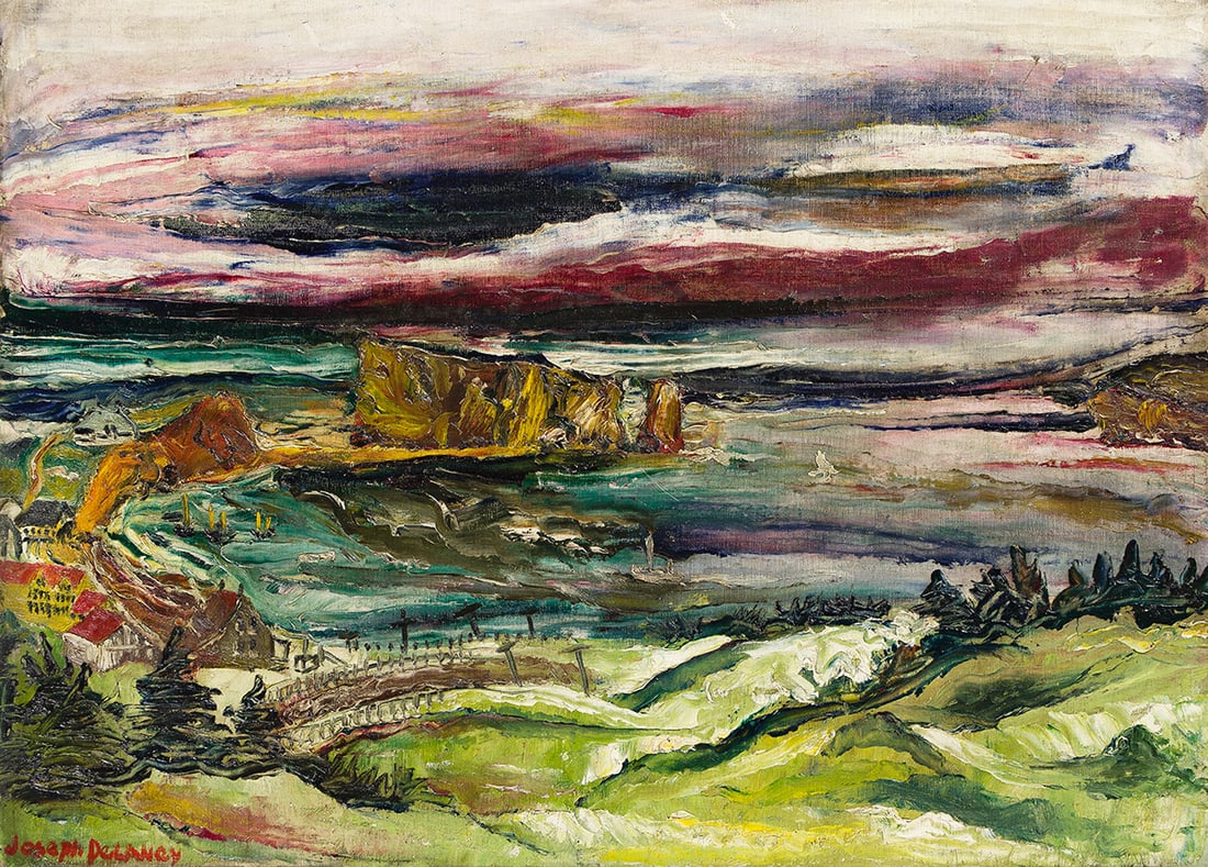 JOSEPH DELANEY (1904-1991) Perce Rock, From Surprise Hill.: Perce Rock, From Surprise Hill. Oil on linen canvas, circa 1940. 584x813 mm; 23x32 inches. Signed in oil, lower left recto. Signed, titled and inscribed with the artist's New York address on the origi