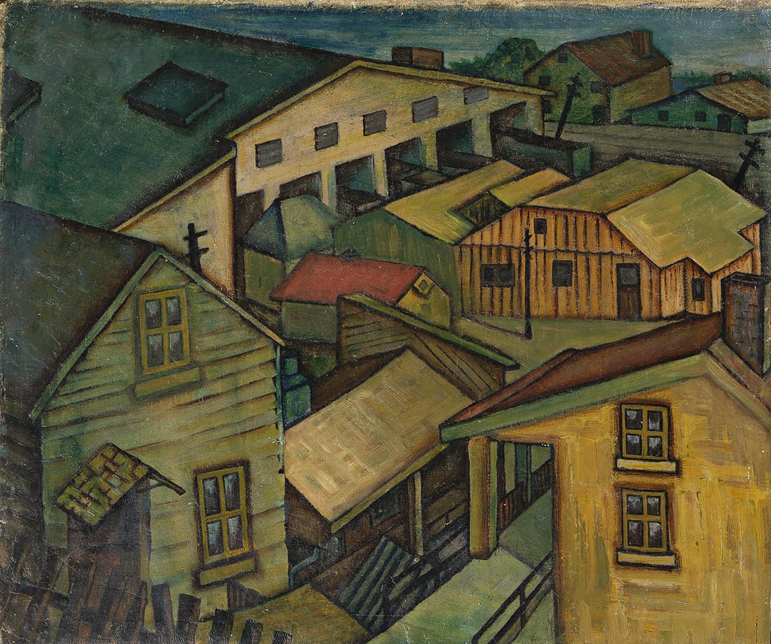 ALBERT PELS (1910-1998) Untitled, (Houses and Railyard).: Untitled, (Houses and Railyard). Oil on canvas. 508x610 mm; 20x24 inches. Provenance: Estate of the artist; Thence by descent to the current owner. Funded by the Treasury Department's Section of Fine