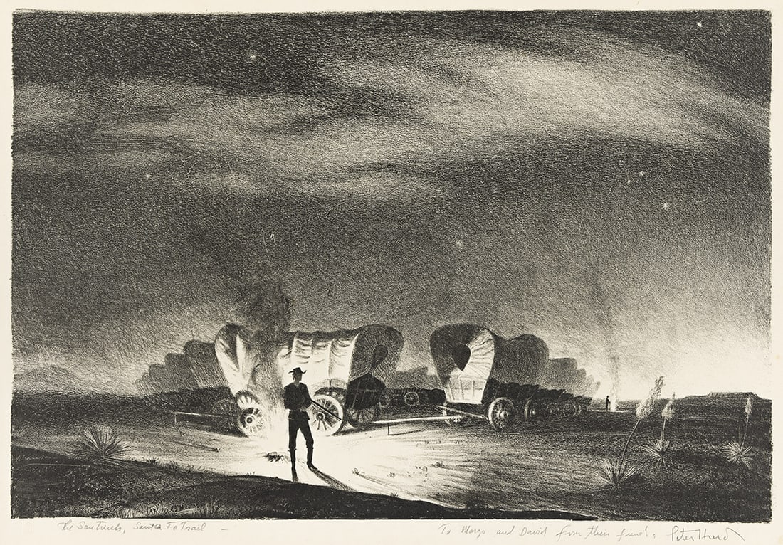 PETER HURD (1904-1984) The Sentinels— Santa Fe Trail.: The Sentinels— Santa Fe Trail. Lithograph on cream wove paper, circa 1946. 331x495 mm; 13x19¼ inches, full margins. Edition of 500. Signed, titled and inscribed "Ed 500" in pencil, lower ma