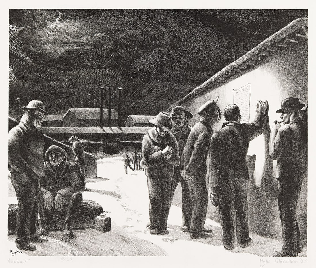 KYRA MARKHAM (1891-1967) Lockout.: Lockout. Lithograph on buff wove paper, 1937. 255x306 mm; 10x12 inches, full margins. Signed, titled, dated and numbered 27/50 in pencil, lower margin. Other impressions of this print are in the colle