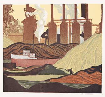 GEORGE G. ADOMEIT (1879-1963) Where Coal and Iron Meet.: Where Coal and Iron Meet. Color linoleum cut on wove paper, 1934. 318x356 mm; 12½x14 inches, wide margins. Edition of only 6 proofs. Signed and titled in pencil, lower margin. Condition For inqui