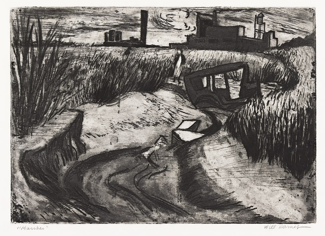 WILL BARNET (1911-2012) Marshes.: Marshes. Etching and aquatint on Rives paper, 1936. 235x324 mm; 9⅛x12¾ inches, full margins. Edition of only 10. Signed and titled in pencil, lower margin. Printed and published by the arti
