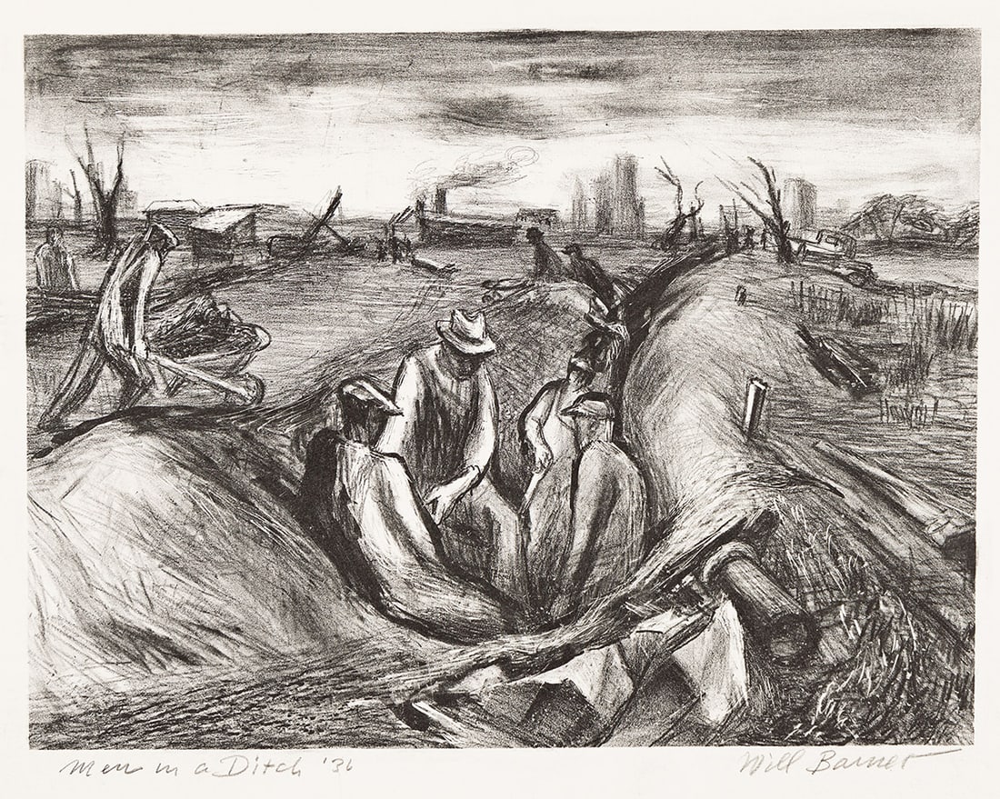 WILL BARNET (1911-2012) Men in a Ditch.: Men in a Ditch. Lithograph, 1936. 184x245 mm; 7¼x9⅝ inches, wide margins. One of only a few proofs (there was no published edition). Signed, dated and titled in pencil, lower margin. A very
