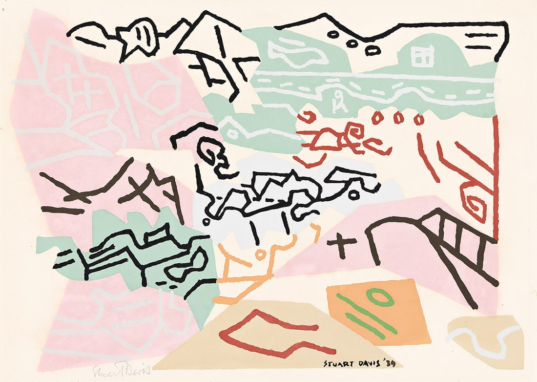 STUART DAVIS (1892-1964) Landscape, Bass Rocks.: Landscape, Bass Rocks. Color screenprint, on wove paper, 1941. 214x302 mm; 8½x11¾ inches, full margins. Edition of 100. Signed in pencil, lower left. Published by Jack Rich, New York, with t