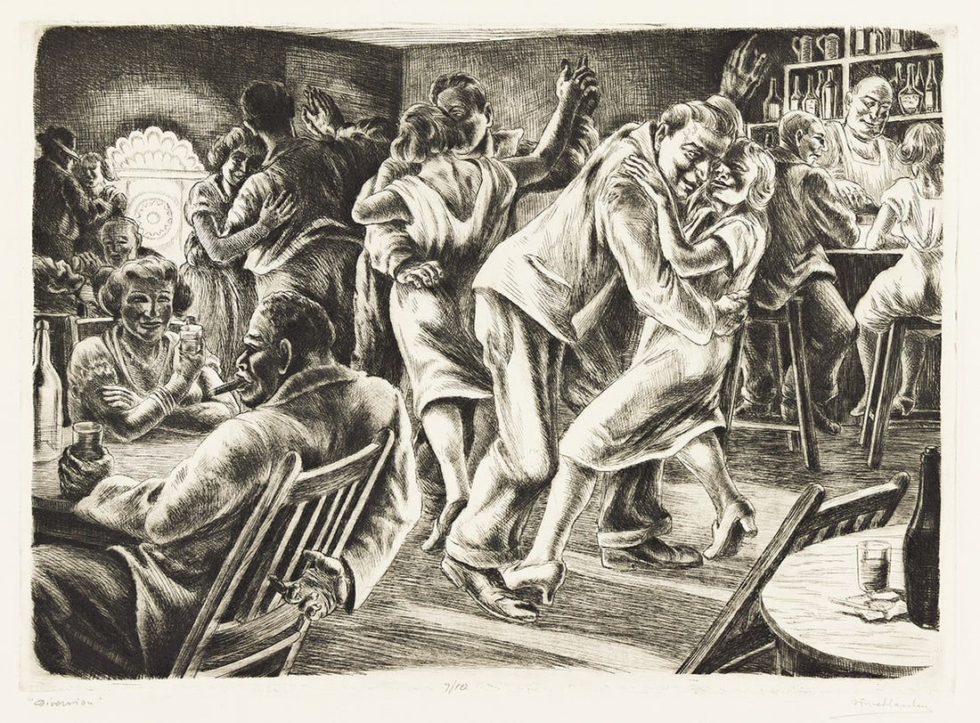 ISAAC FRIEDLANDER (1890-1968) Diversion.: Diversion. Etching and drypoint on cream wove paper, 1938. 274351 mm; x9¾x13⅞ inches, full margins. Signed, titled and numbered 7/10 in pencil, lower margin. Condition For inquiries or ques