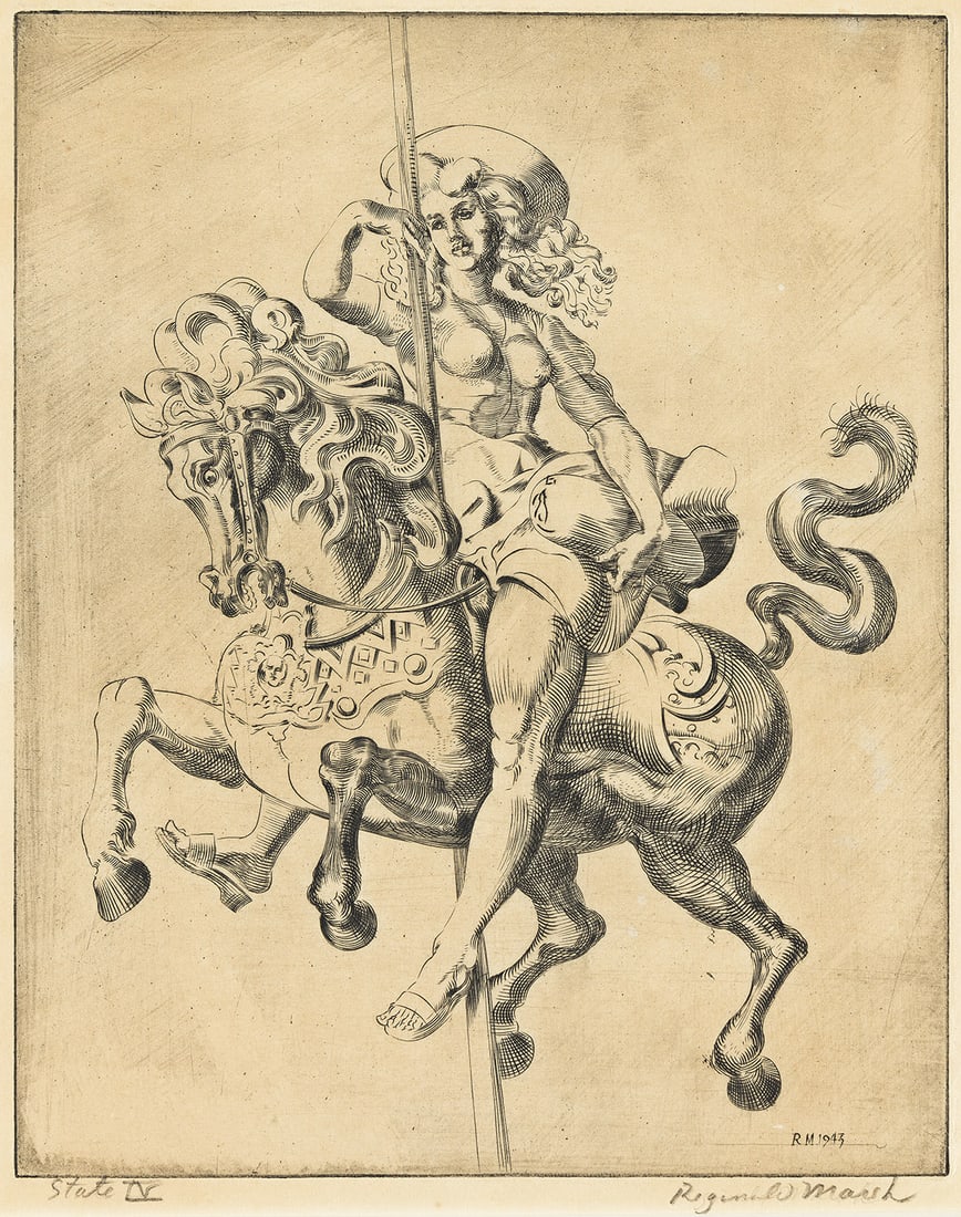 REGINALD MARSH (1898-1954) Merry-Go-Round.: Merry-Go-Round. Engraving, 1943. 255x203 mm; 10¼x8¼ inches, full margins. Fourth state (of 4). One of approximately only 15 impressions in all four states combined. Signed and inscribed "Sta