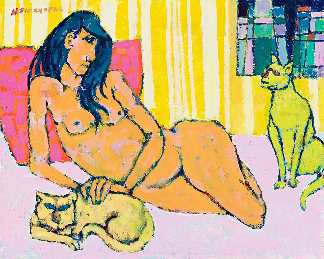 HARRY STERNBERG (1904-2001) Nude with Two Cats.: Nude with Two Cats. Oil on masonite. Signed, H. Sternberg, upper left. 203x254 mm; 8x10 inches. Condition For inquiries or questions, please contact: Harold Porcher, Specialist: hporcher@swanngal