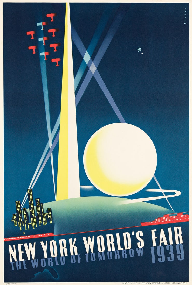 JOSEPH BINDER (1898-1972) New York World's Fair.: New York World's Fair. Color lithograph poster, paper. 508x340 mm, 20x13½ inches. Grinnell Litho. Co., Inc., New York. 1939. This is the smaller format. World of Tomorrow pp. 218 & 219, Weill 427