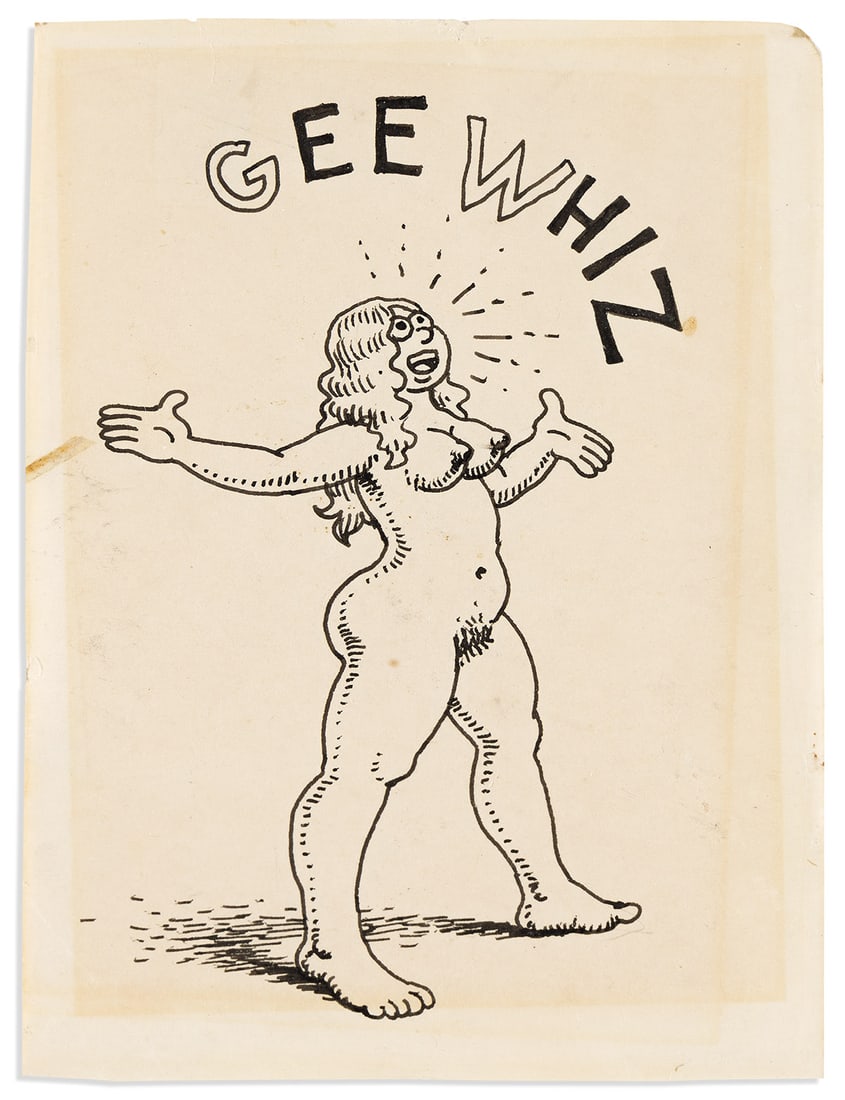 ROBERT CRUMB (1943- ): Artist or author: ROBERT CRUMB (1943- ) Title: Gee Whiz. Description: Pen and ink on paper. 214x168 mm, 8½x6½ inches. Unsigned. Circa 1960. Incorporating Crumb's signature cr