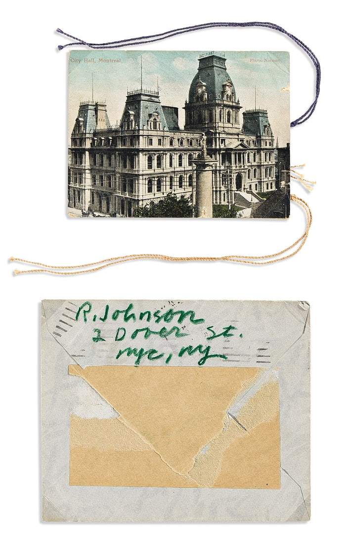 RAY JOHNSON (1927-1995): Artist or author: RAY JOHNSON (1927-1995) Title: Untitled (To Julian Beck). Description: Group of 4 paper items, including a postcard with a photograph of City Hall, Montreal, a handwritten note