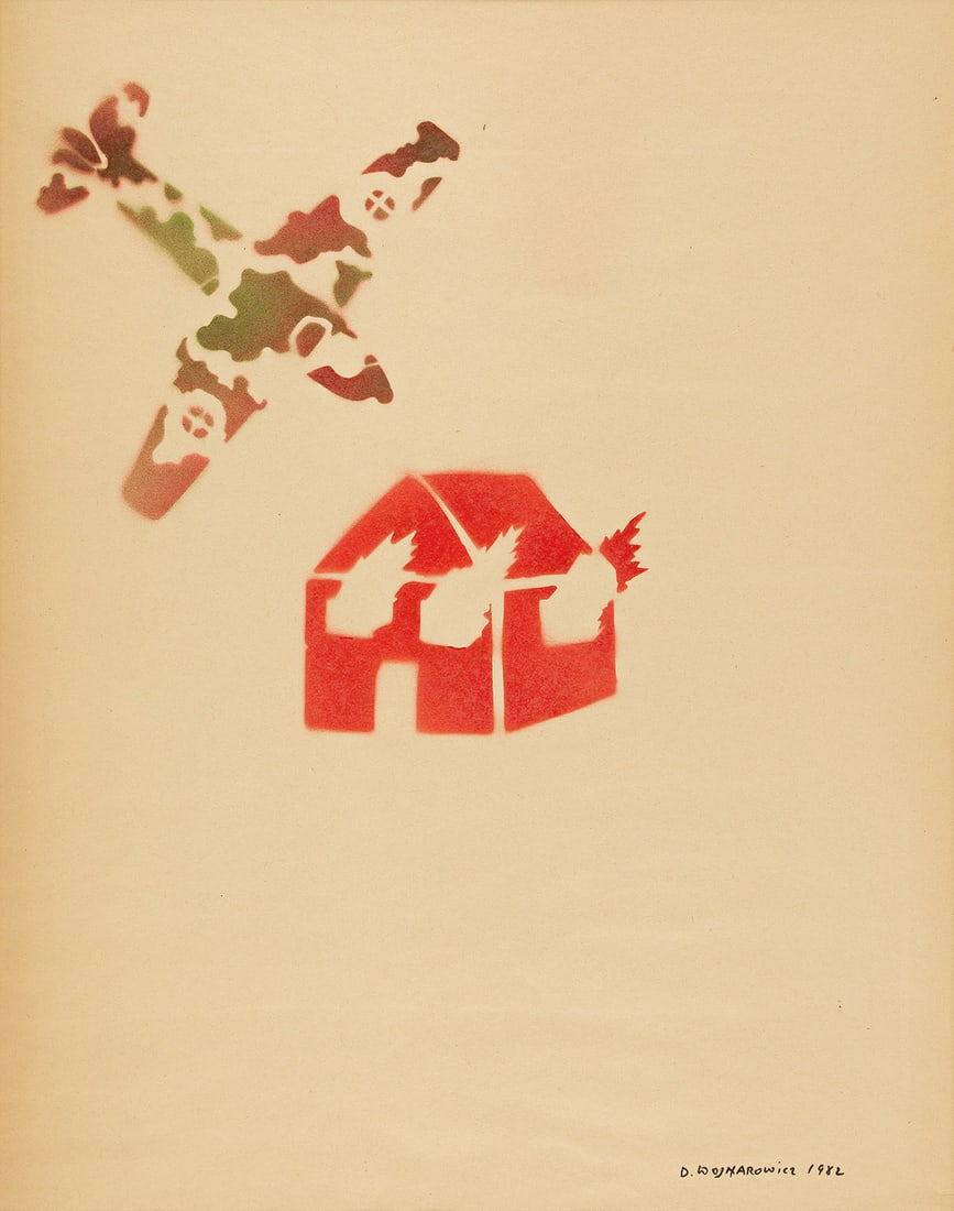 DAVID WOJNAROWICZ (1954-1992): Artist or author: DAVID WOJNAROWICZ (1954-1992) Title: Untitled (Burning House with Camouflage Plane). Description: Stencil and spray paint on newsprint. 606x455 mm, 23⅞x17⅞ inches.