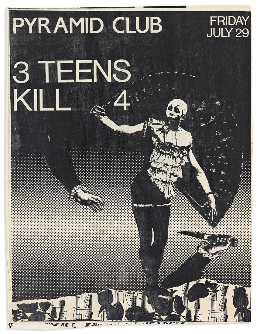 DAVID WOJNAROWICZ (1954-1992): Artist or author: DAVID WOJNAROWICZ (1954-1992) Title: Pyramid Club / 3 Teens Kill 4. Description: Offset lithograph poster / flyer. 279x216 mm, 11x8½ inches. 1983. Previously unrec