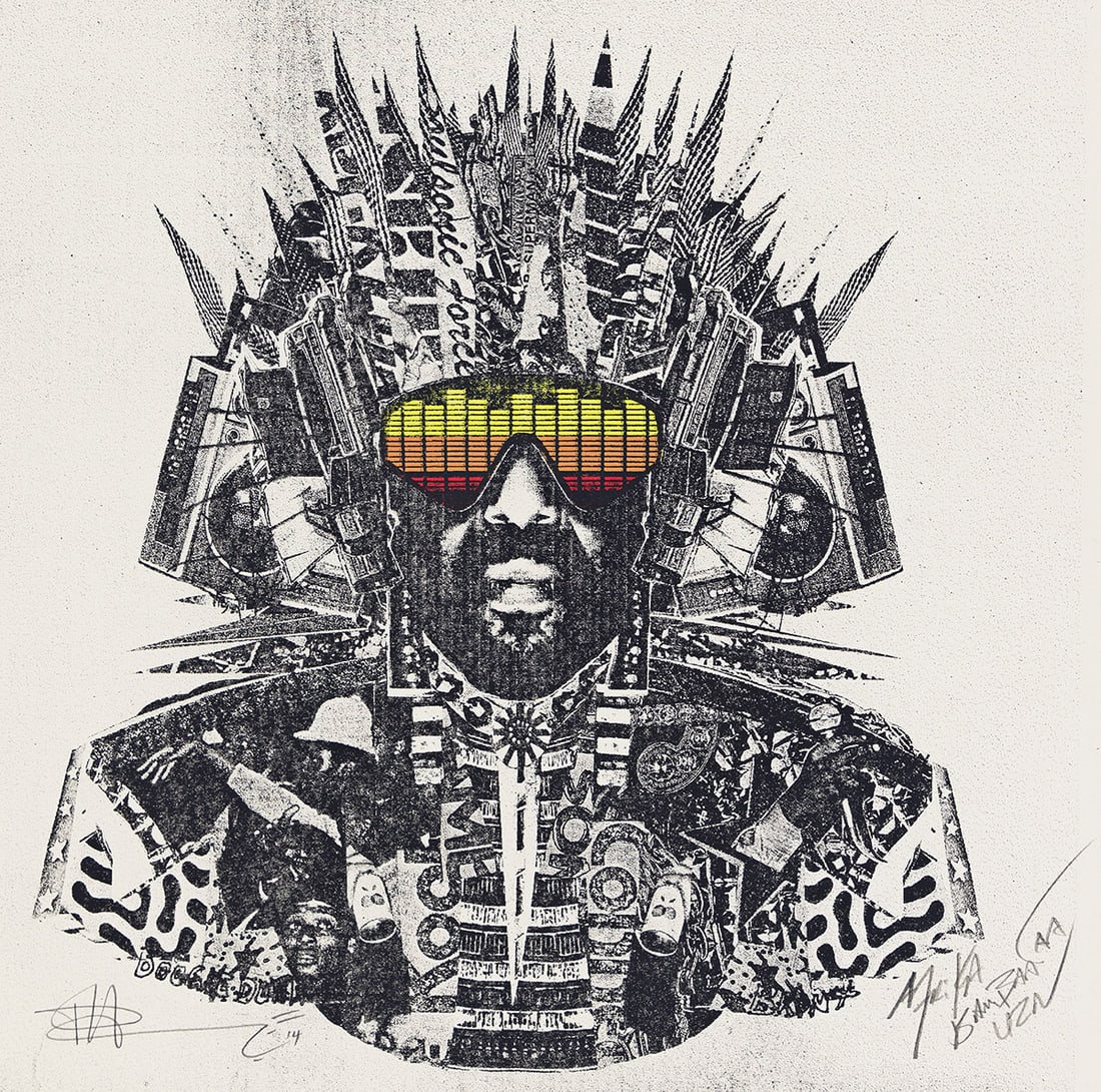 (AFRIKA BAMBAATAA): Artist or author: PAUL INSECT (1971- ) Title: Afrika Bambaataa. Description: Color screenprint on beige stiff wove paper. 305x305 mm, 12x12 inches (sheet), full margins. Signed by Afrika Bambaat