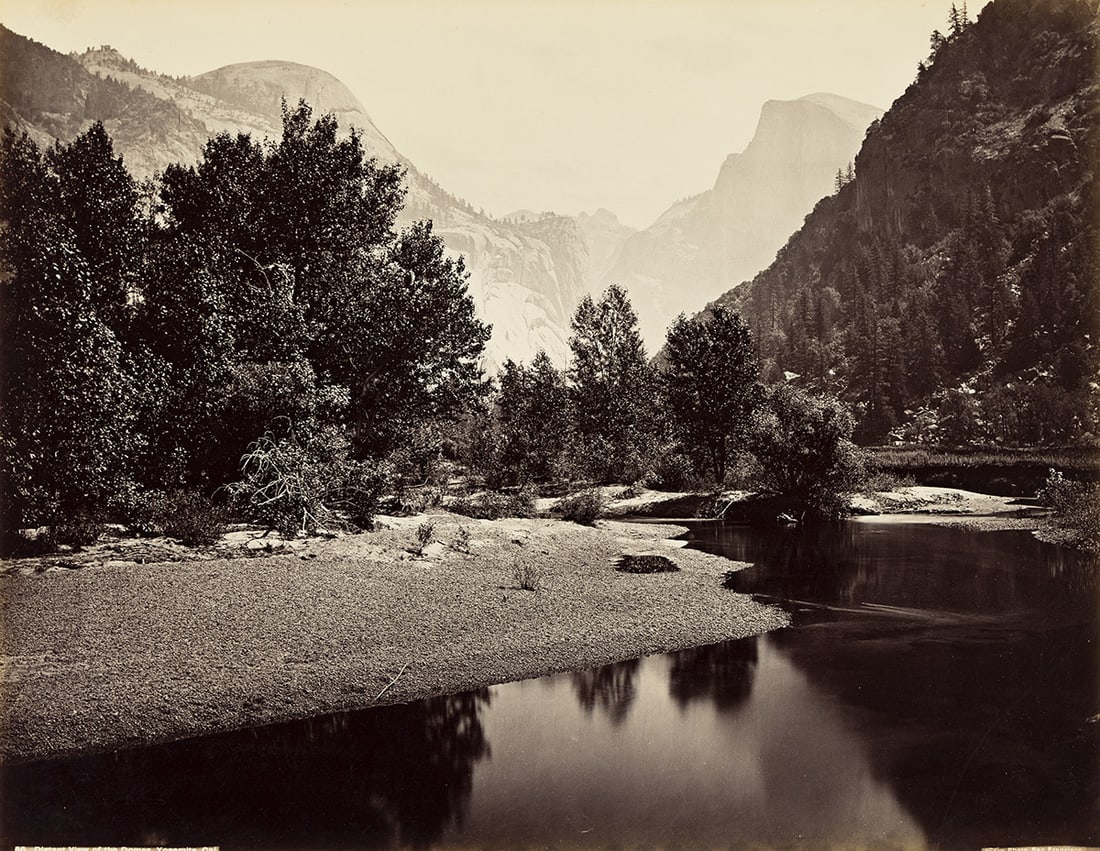 CARLETON E. WATKINS (1829-1916) The Domes from Yosemite Valley.: CARLETON E. WATKINS (1829-1916) The Domes from Yosemite Valley. Mammoth albumen print, the image measuring 15¾x20½ inches (40x52 cm.), the mount 22x28 inches (55.9x.1 cm.), with I.W. Taber's