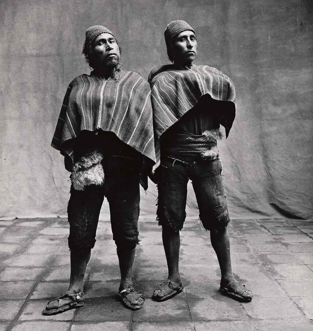 IRVING PENN (1917-2009) Two Quechuan Indians, Cuzco, Peru.: IRVING PENN (1917-2009) Two Quechuan Indians, Cuzco, Peru. Silver print, the image measuring 11x10½ inches (27.9x26.7 cm.), the mount 13x12½ inches (33x31.7 cm.), with Penn's signature, titl