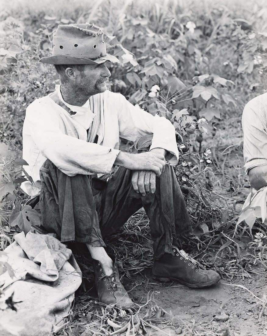 WALKER EVANS (1903-1975) Bud Fields in his Cotton Field, Hale County, Alabama.: WALKER EVANS (1903-1975) Bud Fields in his Cotton Field, Hale County, Alabama. Silver contact print, the image measuring 10x8 inches (25.4x20.3 cm.), the sheet slightly larger, with Evans' credit and