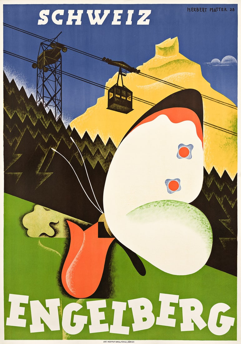 HERBERT MATTER (1907-1984) ENGELBERG. 1928.: HERBERT MATTER (1907-1984) ENGELBERG. 1928. 50x35½ inches, 127x90¼ cm. Orell Fussli, Zurich. Condition A: minor repaired tear at bottom edge. Although best known for his work in the field o