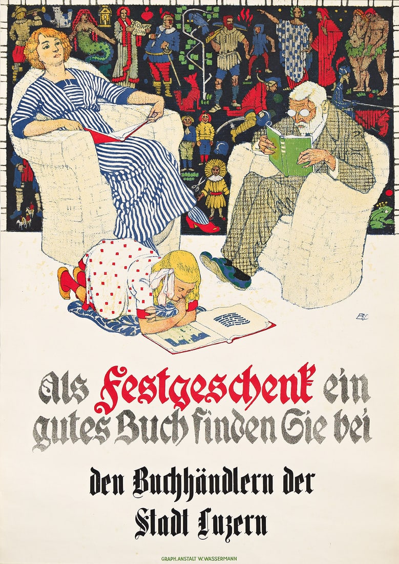 BURKHARD MANGOLD (1873-1950) ALS FESTGESCHENK EIN GUTES BUCH FINDEN SIE BEI / LUZERN. 1917.: BURKHARD MANGOLD (1873-1950) ALS FESTGESCHENK EIN GUTES BUCH FINDEN SIE BEI / LUZERN. 1917. 39x27 inches, 99x68½ cm. W. Wassermann, [Basel]. Condition A-: foxing and minor creases in margins. Mo