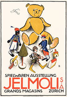 OTTO BAUMBERGER (1889-1961) JELMOLI / SPIELWAREN AUSSTELLUNG. 1915.: OTTO BAUMBERGER (1889-1961) JELMOLI / SPIELWAREN AUSSTELLUNG. 1915. 50½x35¾ inches, 128½x91 cm. J.E. Wolfensberger, Zurich. Condition B+: overpainting over spots in margins and image.