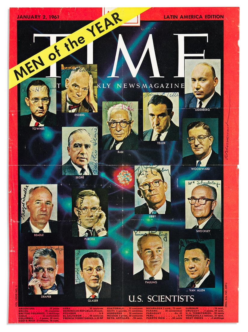 (SCIENTISTS.) TIME Magazine cover Signed by 14 of the scientists featured on the cover,: MEN OF THE YEAR (1961) (SCIENTISTS.) TIME Magazine cover Signed by 14 of the scientists featured on the cover, each near the relevant portrait, some vertically. The cover, from the January 2, 1961 iss