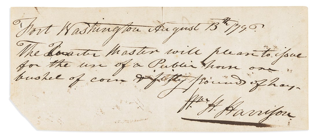 HARRISON, WILLIAM HENRY. Autograph Document Signed, "Wm. H. Harrison," (1 of 1)