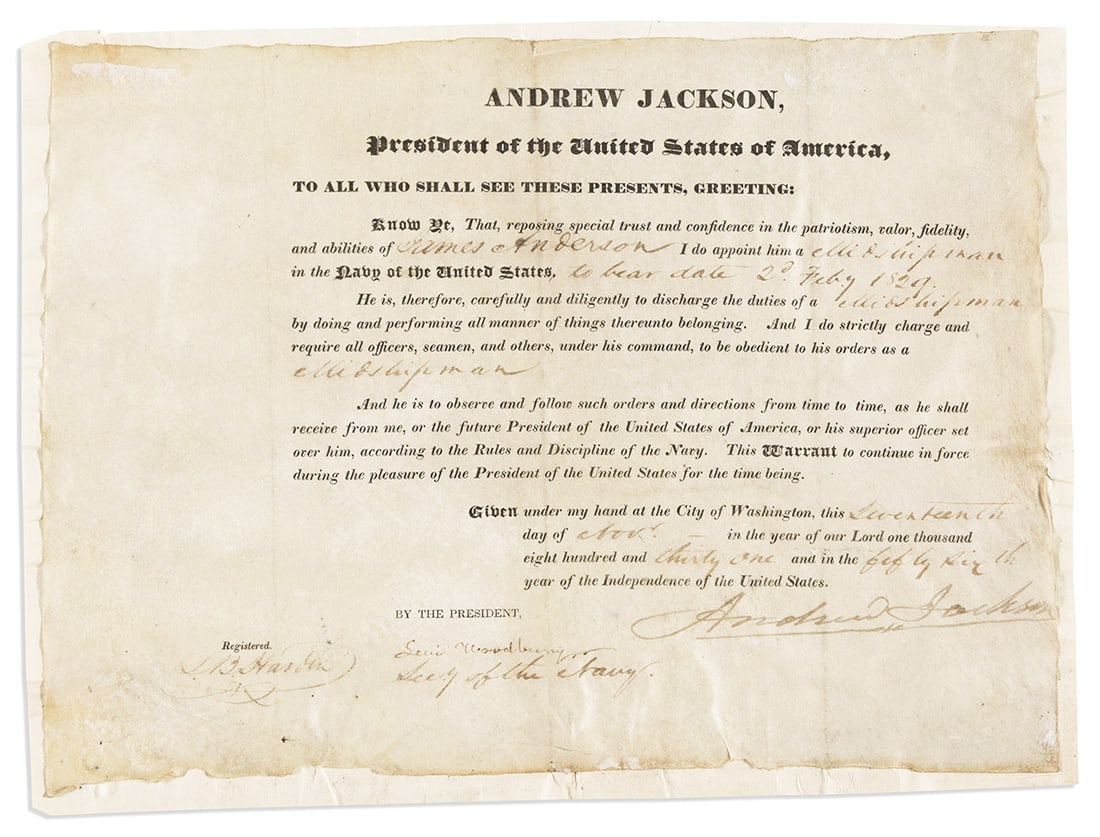 JACKSON, ANDREW. Partly-printed vellum Document Signed, as President, (1 of 1)