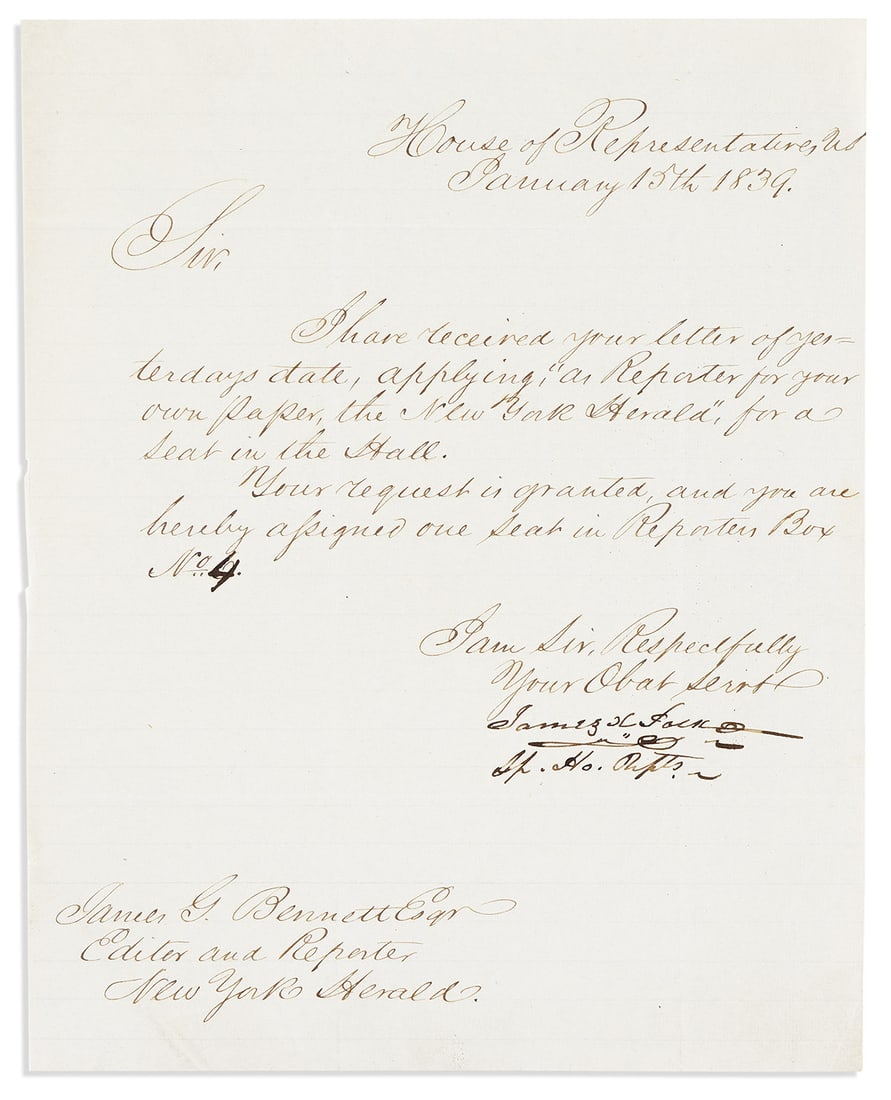 POLK, JAMES K. Letter Signed, "James K Polk / Sp[eaker of the] Ho[use of] Rep[resen]t[ative]s," (1 of 1)