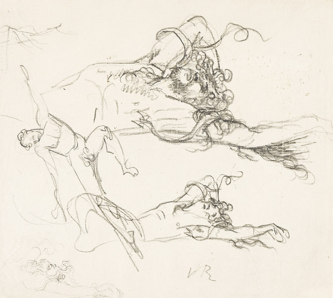 BENJAMIN WEST Figure Studies (Studies for Saint Michael and the Dragon).: BENJAMIN WEST Figure Studies (Studies for Saint Michael and the Dragon). Black chalk on laid paper, circa 1797. 228x255 mm; 9x10 inches. Provenance: Estate of the artist; by descent; Claire Francis, d