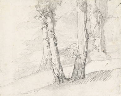 THOMAS COUTURE Étude de paysage, Villiers-le-Bel, près de Paris.: THOMAS COUTURE Étude de paysage, Villiers-le-Bel, près de Paris. Pencil on wove paper, circa 1865. 215x265 mm; 9¾x10½ inches. Provenance: Estate of the artist, Villiers-le-Bel; pri