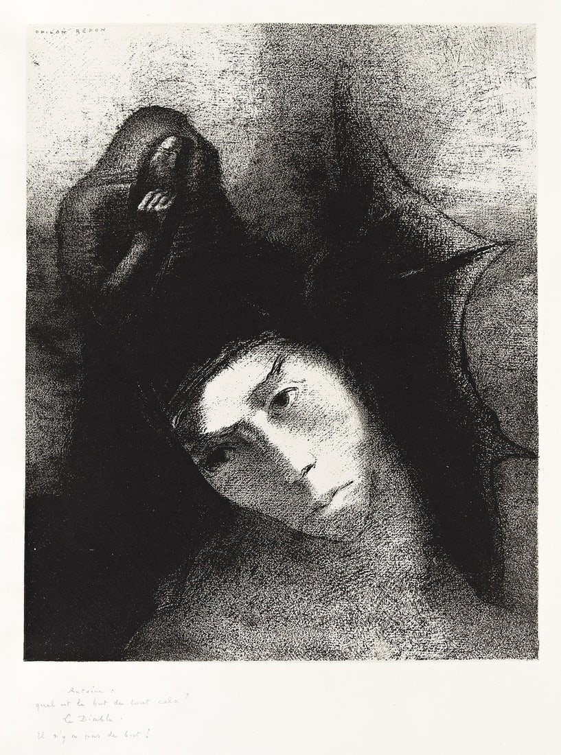 ODILON REDON Antoine, quel est le but de tout Cela? Le diable: il n'y a pas de but!: ODILON REDON Antoine, quel est le but de tout Cela? Le diable: il n'y a pas de but! Lithograph on Chine appliqué, 1896. 311x250 mm; 12¼x9⅞ inches, full margins. Edition of 50. Printed