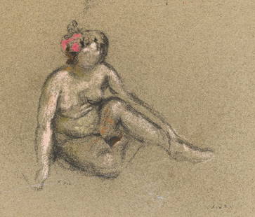 KER-XAVIER ROUSSEL Nu Au Noeud Rose.: KER-XAVIER ROUSSEL Nu Au Noeud Rose. Pastel on tan wove paper, 1920. 220x257 mm; 8⅝x10⅛ inches. Initialed in pencil, lower right and lower left recto. Provenance: Lillian Heidenberg Galler