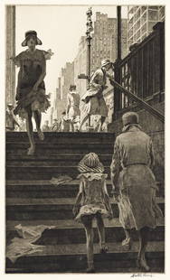 MARTIN LEWIS Subway Steps.: MARTIN LEWIS Subway Steps. Drypoint printed in dark brownish black, 1930. 345x205 mm; 13&#8541;x8&#8539; inches, full margins. Second state (of 2), after the reduction of the plate. Edition of approxi