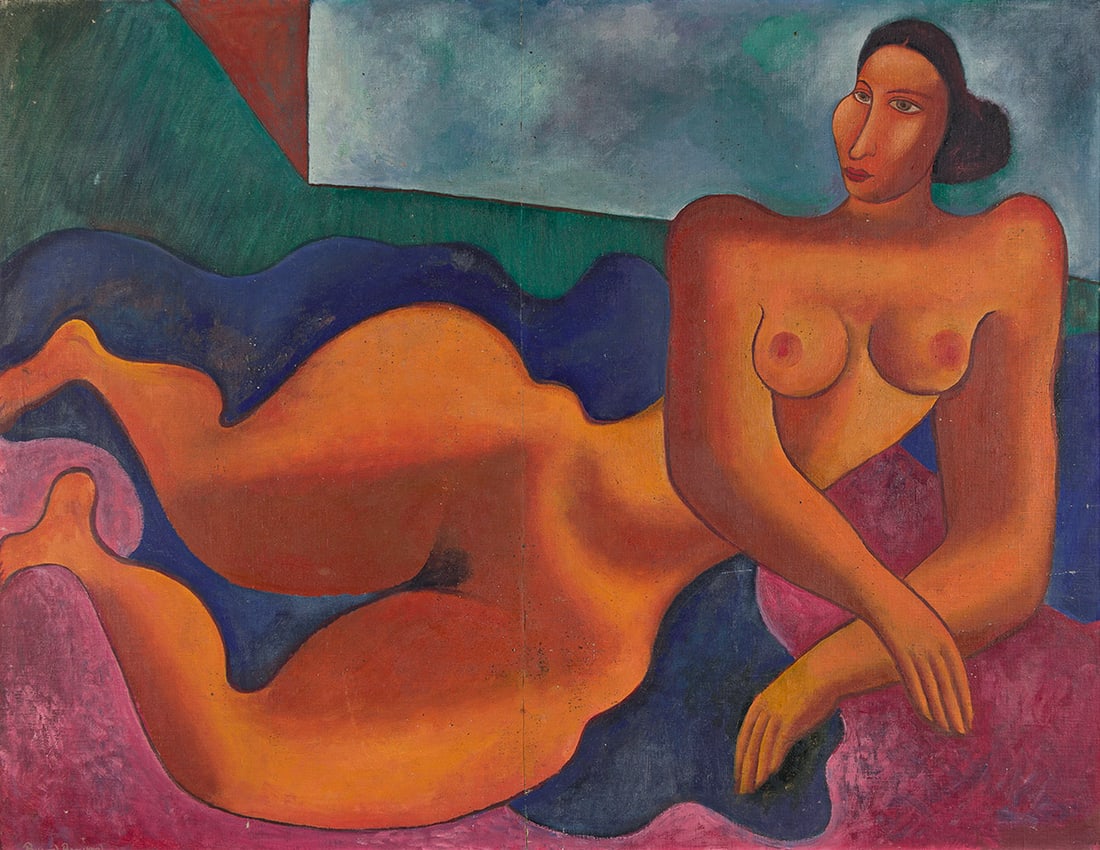 BYRON BROWNE Reclining Nude.: BYRON BROWNE Reclining Nude. Oil on canvas mounted to Masonite, circa 1940. 745x970 mm; 29⅜x38¼ inches. Signed in oil, lower left recto. Provenance: Private collection, New York. Browne (19