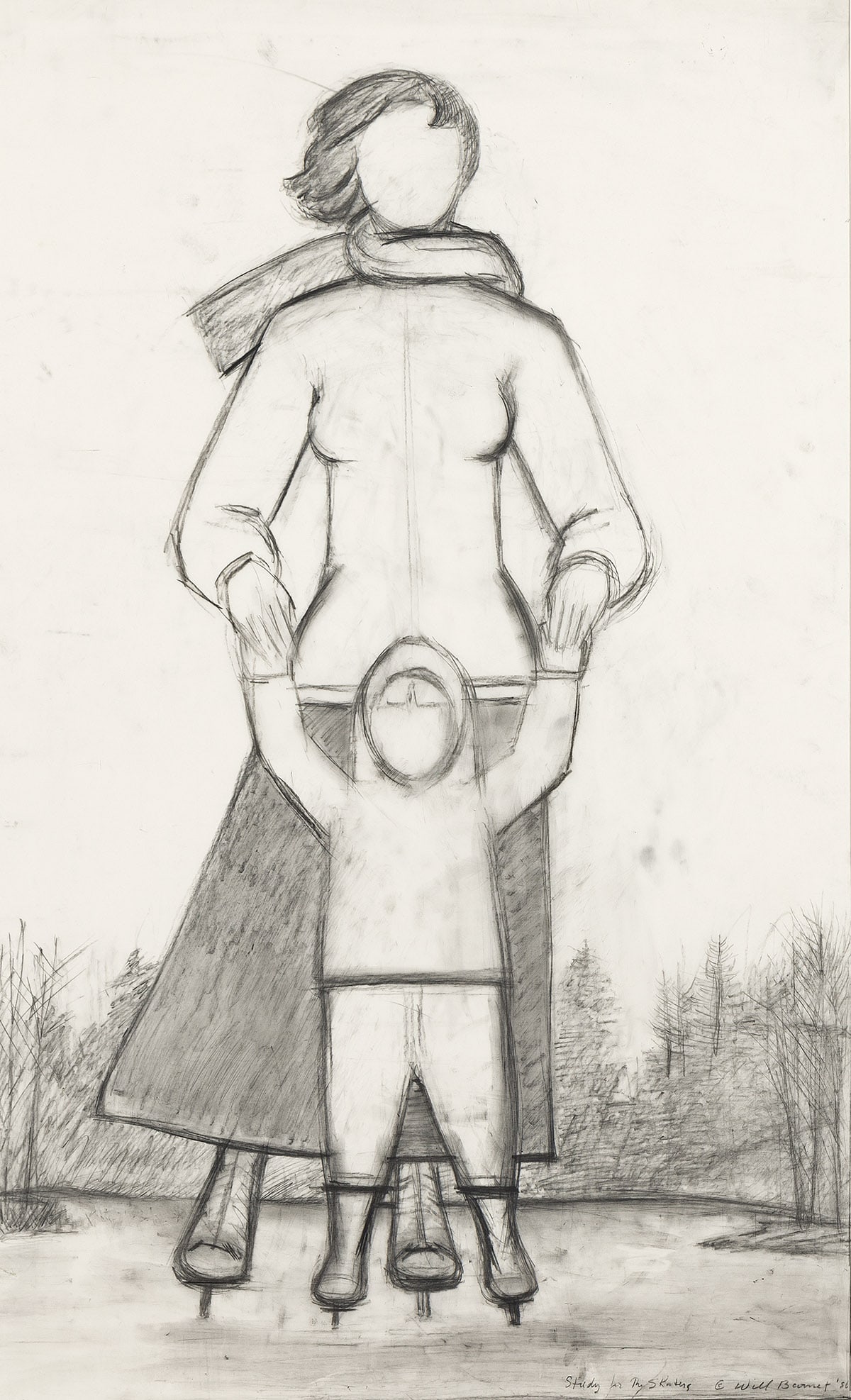 WILL BARNET Study for "The Skaters.": WILL BARNET Study for "The Skaters." Charcoal on vellum paper, 1986. 715x1118 mm; 28x44 inches. Signed, titled and dated in charcoal, lower right recto. Provenance: Kennedy Galleries, New York, with