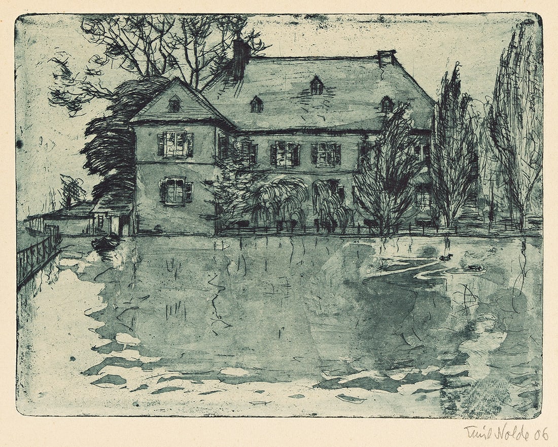EMIL NOLDE Haus von Köppen.: EMIL NOLDE Haus von Köppen. Color etching and aquatint, 1906. 150x195 mm; 6x7⅝ inches, full margins. First state (of 3). Edition of approximately only 23. Signed and dated in pencil, lower