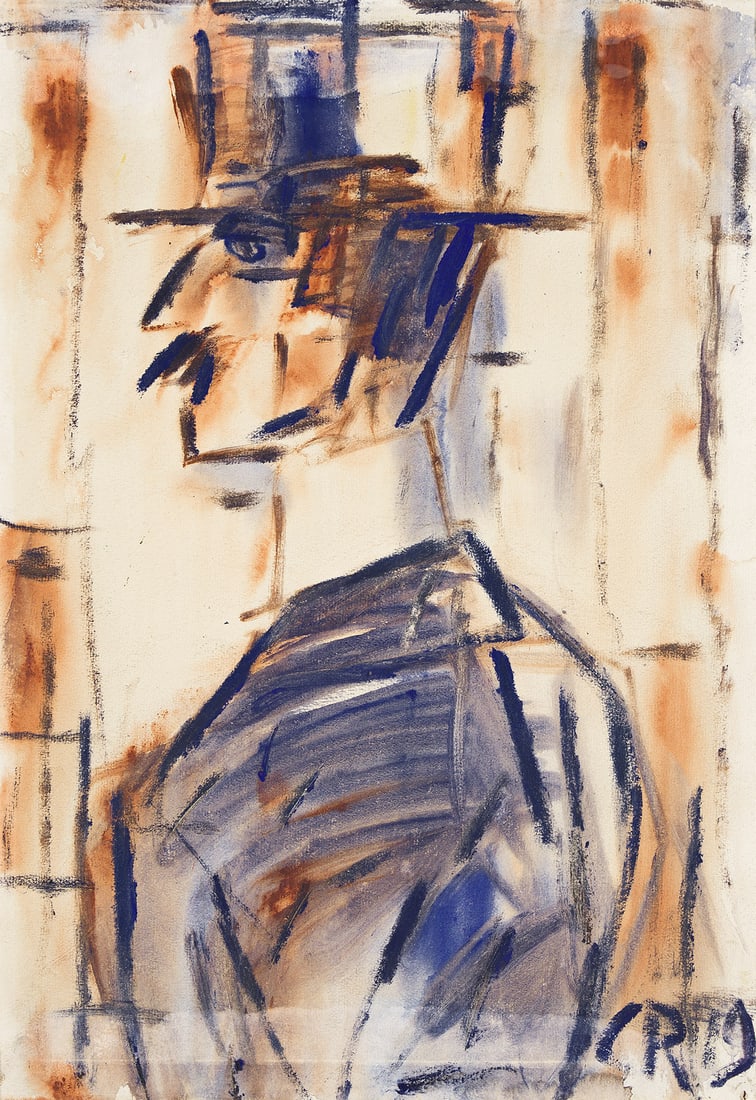 CHRISTIAN ROHLFS Mann mit Hut im profil.: CHRISTIAN ROHLFS Mann mit Hut im profil. Gouache, watercolor, and color pastels on paper mounted on board, 1919. 633x478 mm; 24⅞x18¾ inches. Initialed and dated "19" in blue pastel, lower r