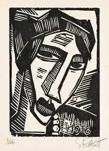 KARL SCHMIDT-ROTTLUFF Frauenkopf.: KARL SCHMIDT-ROTTLUFF Frauenkopf. Woodcut, 1916. 256x182 mm; 10&#188;x7&#8539; inches, full margins. Signed and inscribed "166" in pencil, lower margin. A very good impression of this scarce woodcut.