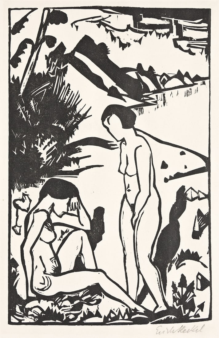 ERICH HECKEL Am Strand.: ERICH HECKEL Am Strand. Woodcut, 1923. 406x265 mm;16⅛x10⅜ inches, full margins. Third state (of 3). Edition of 300. Signed in pencil, lower right. Published by Marées-Gesellschaft, Mu